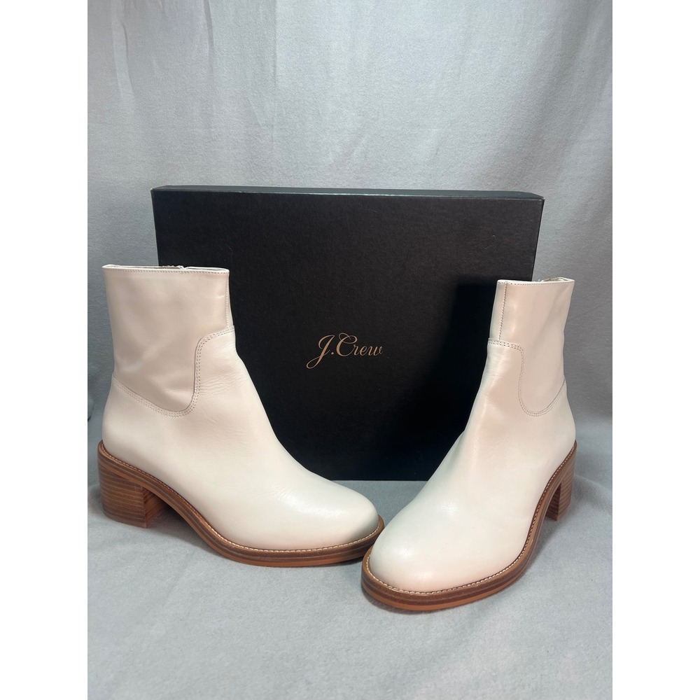 J.Crew Stacked Heel Leather Ankle Boots Natural Beige BJ869 Minimalist Size 10M